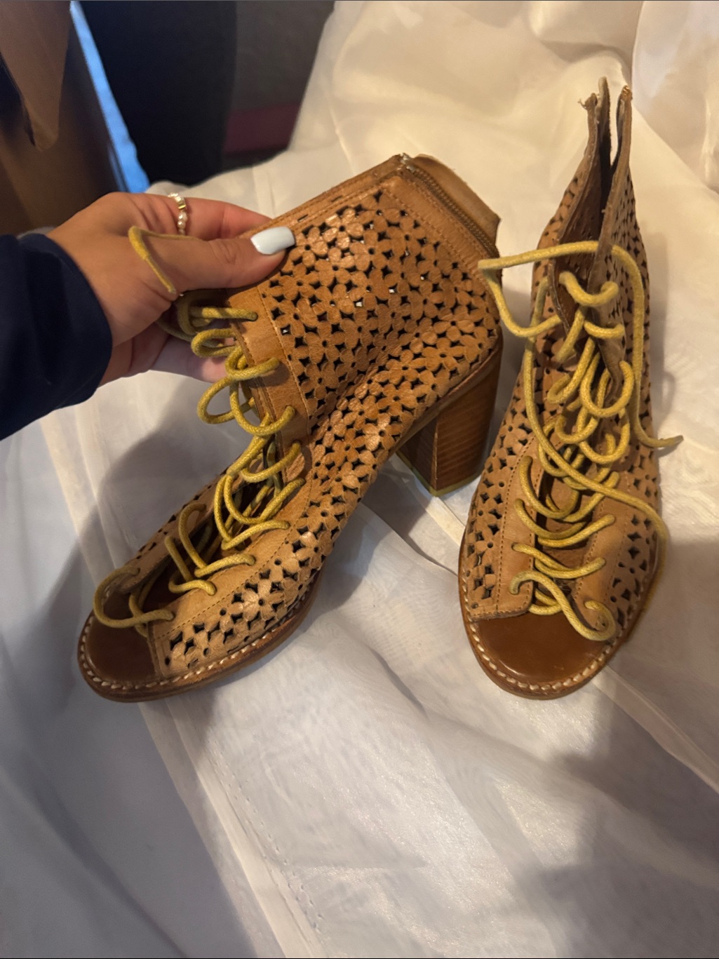 Jeffrey Campbell Tan Cutout Lace-Up Peep-Toe Heels With Yellow Laces